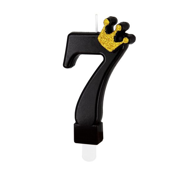 Jubilejas svecīte "7" melna ar zelta krāsas kroni. 